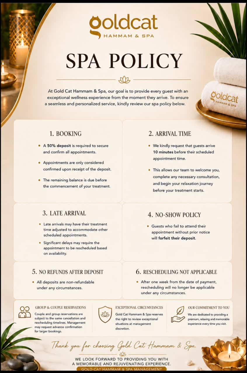 GoldCat Hammam and Spa policy poster covering booking, arrival, late arrival, no-shows, refunds and rescheduling